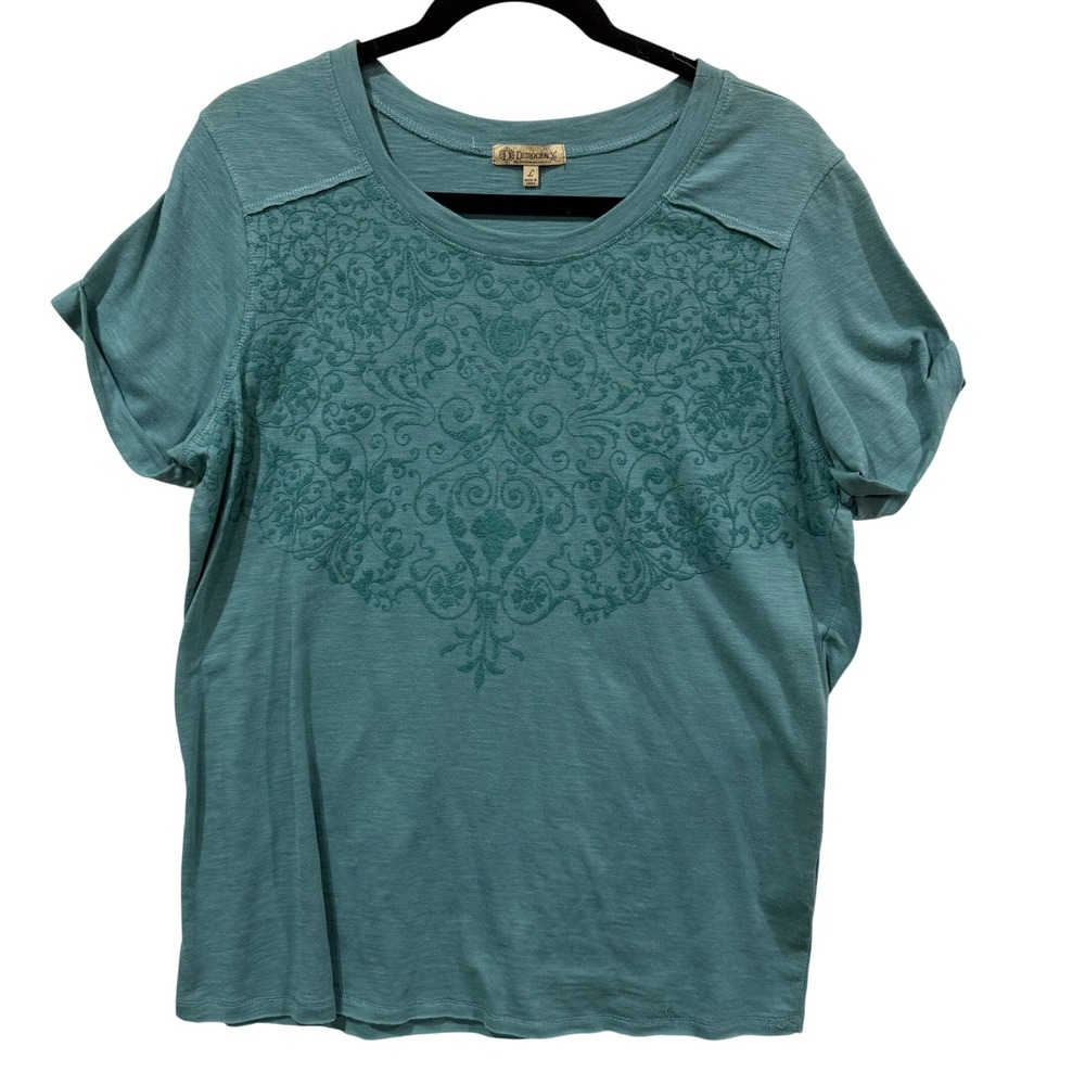Democracy Womens Teal Green Damask Embroidered Slub Knit T-Shirt Large B0693DY1E